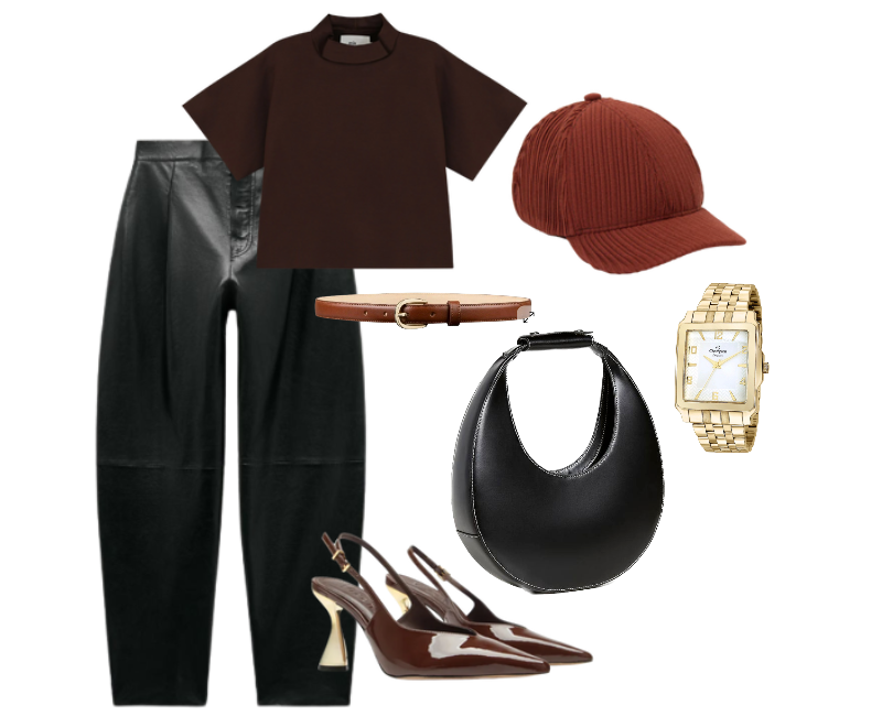cropped marrom, calça de couro preta, sapato slingback verniz marrom, relógio dourado, bolsa preta estruturada, cinto marrom, boné bordô