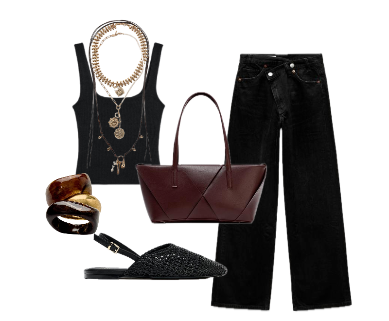 blusa sem mangas preta, colar multicamadas dourado, calça jeans preta de perna larga, mules trançados pretos, bolsa tote marrom em couro, braceletes em tons terrosos