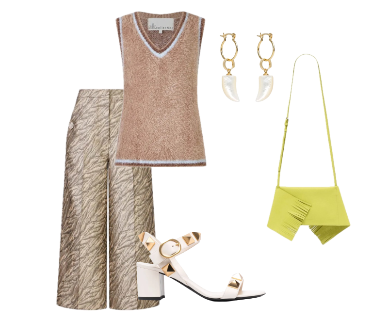 colete sem mangas marrom felpudo, calça cropped de alfaiataria cinza, sandálias de salto bloco em couro branco com tachas douradas, bolsa estruturada neon, brincos pendentes dourados com pedras claras