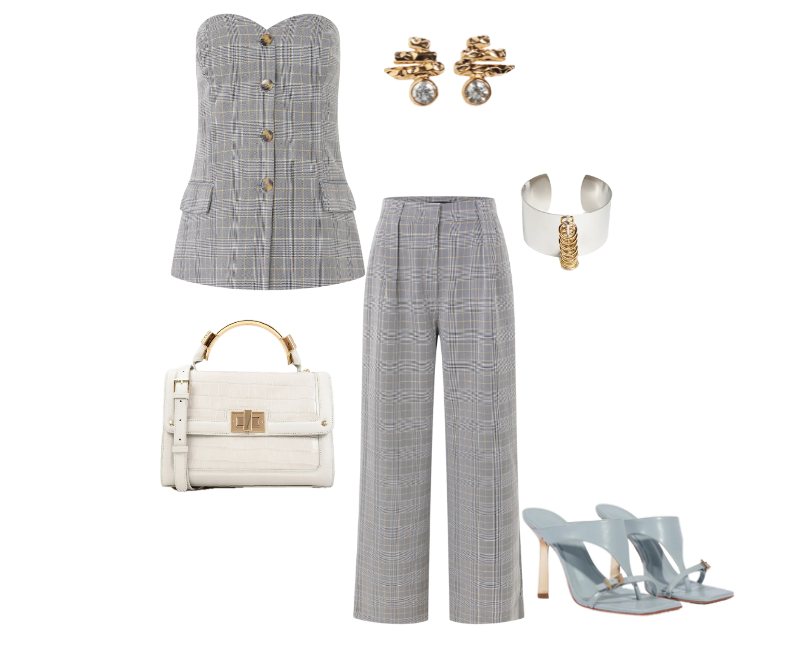 corset xadrez cinza e bege, calça xadrez, mules de couro azul claro, brincos dourados com pérolas pendentes, bracelete metálica prateada, bolsa estruturada de couro branco