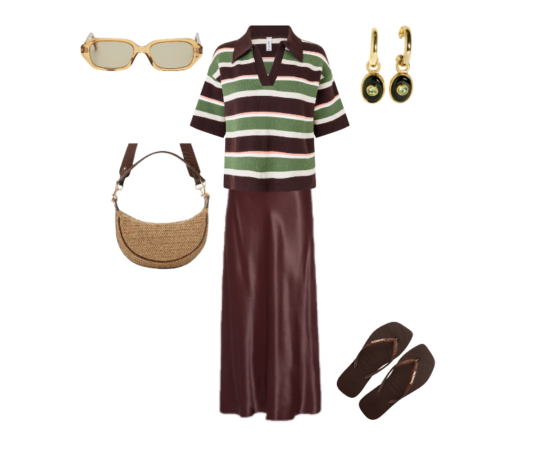 camisa polo listrada verde marrom branca, saia longa marrom, sandálias rasteiras marrons, bolsa de palha semicircular, óculos de sol bege, brincos dourados com detalhes verdes