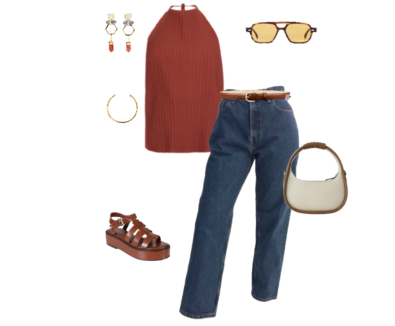 blusa halter terracota, calça jeans reta, sandálias de couro marrom trançado, brincos pendentes, óculos de sol dourados, bolsa de ombro estruturada bege e marrom