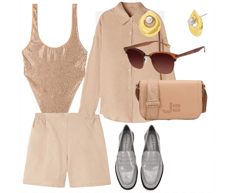 maiô, short, camisa de linho, acessórios clássicos, mocassins