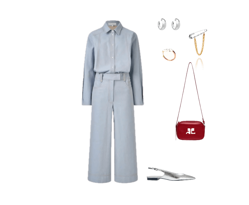 macacão cinza claro, mules metalizados prateados, bolsa transversal vermelha, brincos de argola dourados, anel prateado, broche dourado