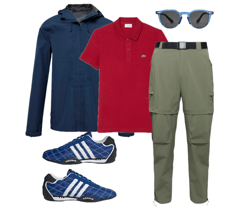 polo vermelha, jaqueta leve azul marinho, calça cargo verde oliva, tênis xadrez azul e branco Adidas, óculos de sol azuis