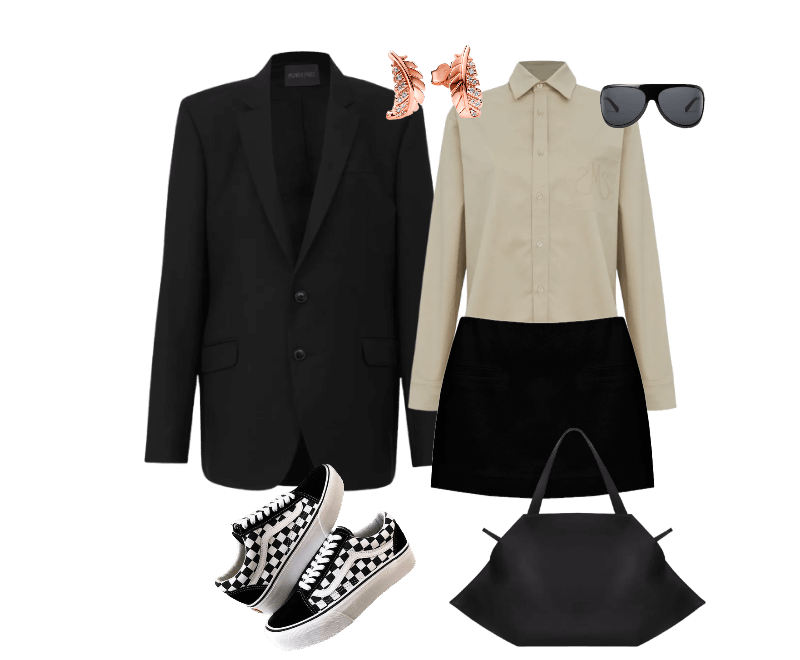 camisa social bege, blazer preto estruturado, saia preta, tênis de lona xadrez, brincos em formato de folha, óculos de sol pretos, bolsa de couro preta