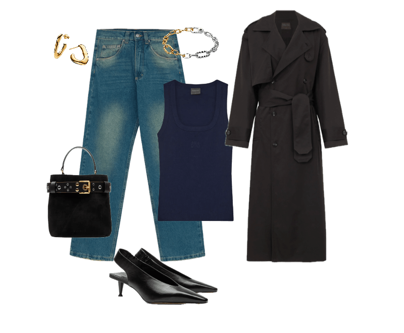 top regata canelado azul-marinho, trench coat preto, jeans de lavagem clara, sapatos slingback em couro preto salto baixo, bolsa de mão preta com detalhes em metal dourado, brincos de argolas douradas, bracelete prateado