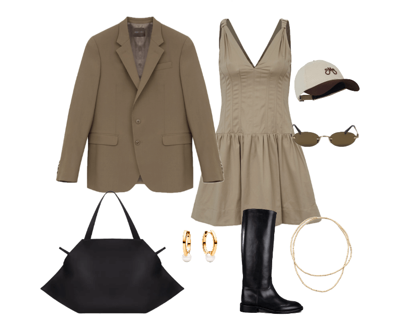 blazer oversized bege claro, vestido evasê bege com decote V, botas de cano alto em couro preto, bolsa preta oversized, boné bege, óculos de sol marrom, argolas douradas, colares delicados