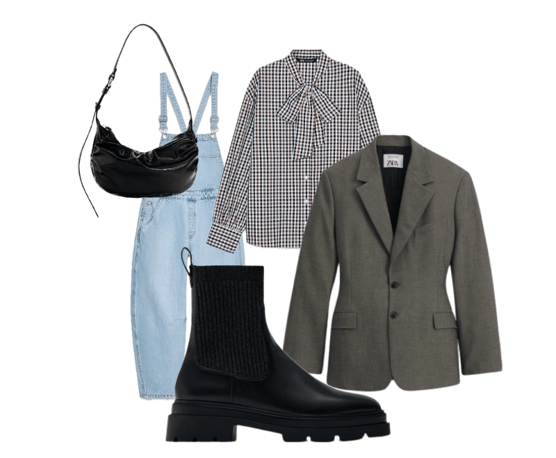 blusa xadrez de manga longa com gola laço, blazer cinza em alfaiataria, jardineira jeans azul claro, botas de cano curto em couro preto com elástico, bolsa de ombro em couro preto