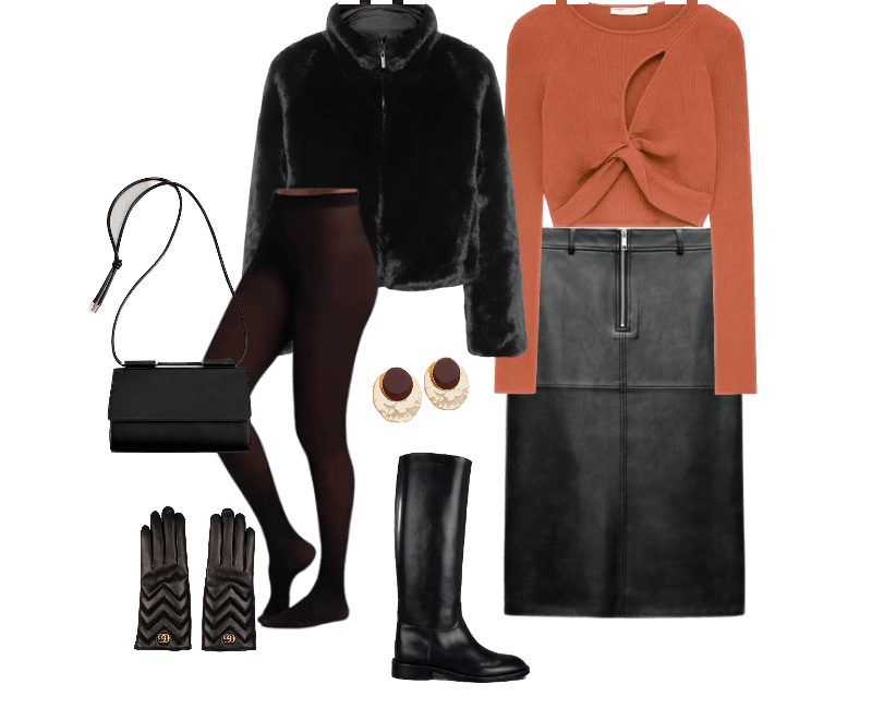 suéter cropped terracota, saia midi em couro preto, meias-calças pretas, botas de cano alto em couro preto, bolsa preta estruturada, luvas acolchoadas, brincos marrom e dourado