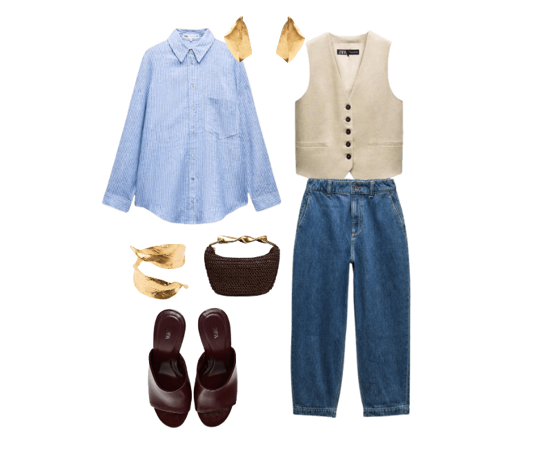 camisa azul listrada de algodão de mangas longas, colete bege com botões pretos, jeans de corte reto azul médio, mules de couro vinho, bolsa de mão marrom trançada, brincos dourados