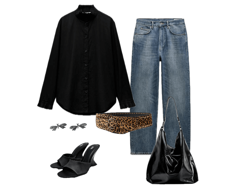 camisa preta oversized, jeans azul corte reto, mules pretos em cetim, cinto animal print, bolsa hobo preta em couro, brincos prateados