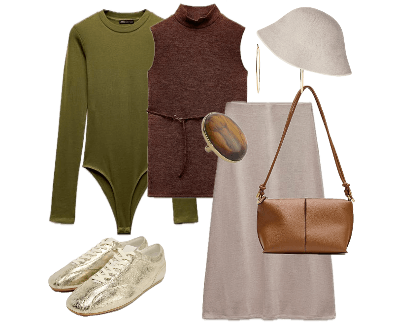 body verde oliva em malha, vestido sem mangas marrom texturizado, cinto discreto, saia bege, tênis dourados metálicos, chapéu bucket bege, bolsa de couro caramelo, brinco alongado, anel de resina