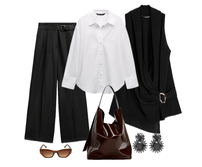 camisa branca de algodão, colete preto sem mangas, calça preta de alfaiataria com cinto ajustável, bolsa de couro marrom, óculos de sol marrons, brincos prateados em formato de flor