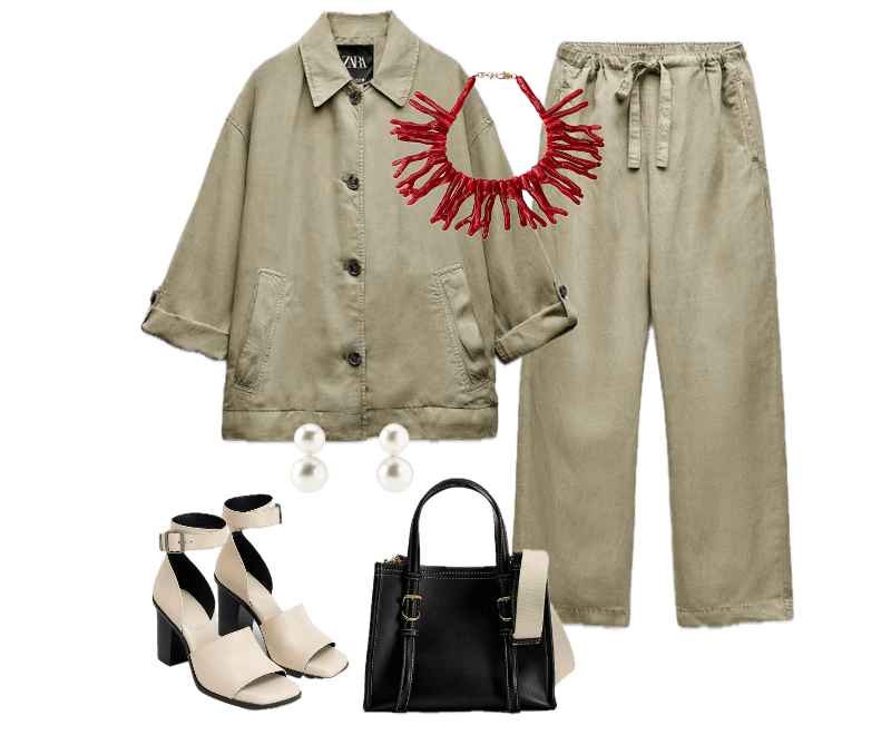 jaqueta oversized em linho bege da Zara, calças de cintura alta bege, sandálias de salto alto em couro bege, bolsa estruturada preta e bege, colar vermelho, brincos de pérola
