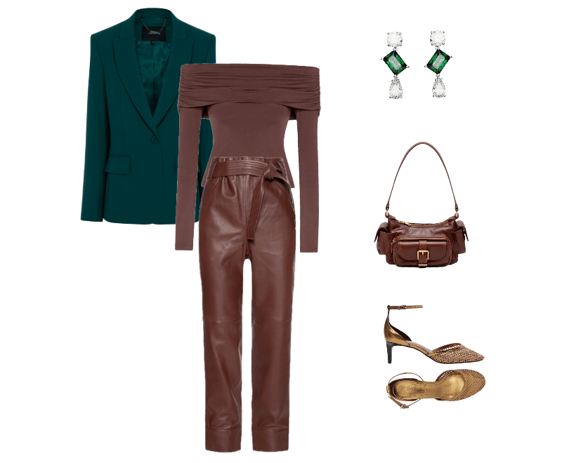 top ombro a ombro marrom em malha canelada, calça de couro marrom de cintura alta com cinto lateral ajustável, blazer verde esmeralda, sandálias de salto dourado, bolsa de ombro marrom, brincos com pedras verdes