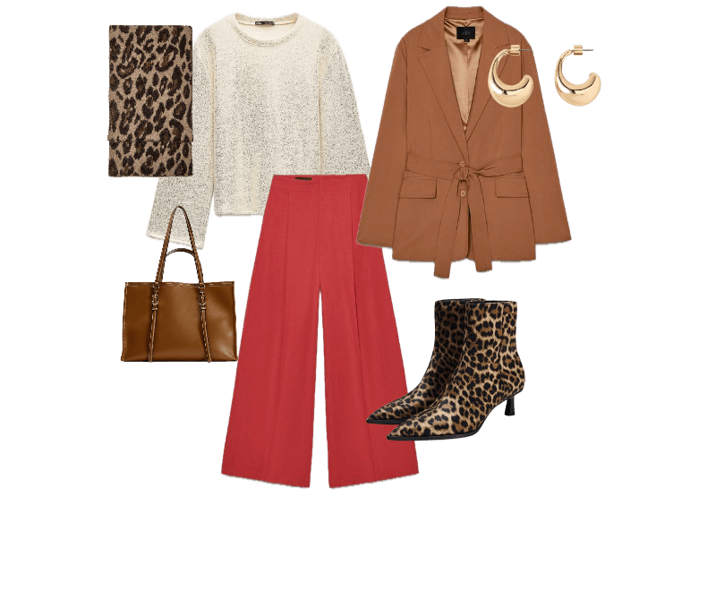blazer marrom caramelo com amarração frontal, suéter creme, calça vermelha de corte amplo, botas de cano curto estampa oncinha, brincos de argola dourados, bolsa tote marrom