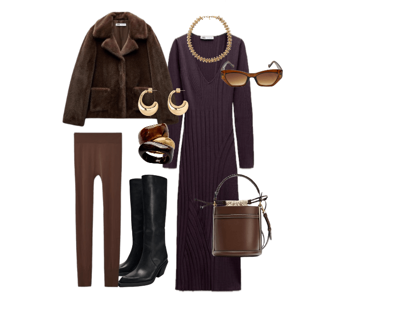 Vestido midi tricô berinjela, Casaco de pelúcia marrom, Leggings marrons, Botas de salto alto em couro preto, Óculos de sol oversized armação marrom, Brincos dourados circulares, Bolsa bucket marrom e bege