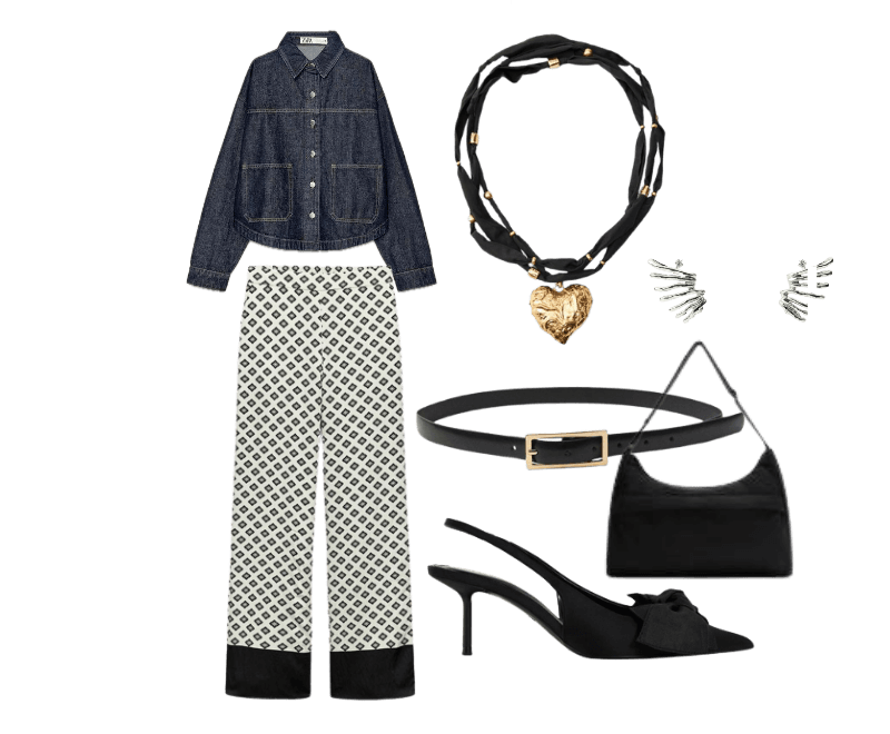 jaqueta jeans escura de corte reto, calça de alfaiataria com estampa gráfica em preto e branco, mules pretos com salto, bolsa preta estruturada, cinto preto com fivela dourada, brincos prateados, colar com pingente dourado e correntes pretas