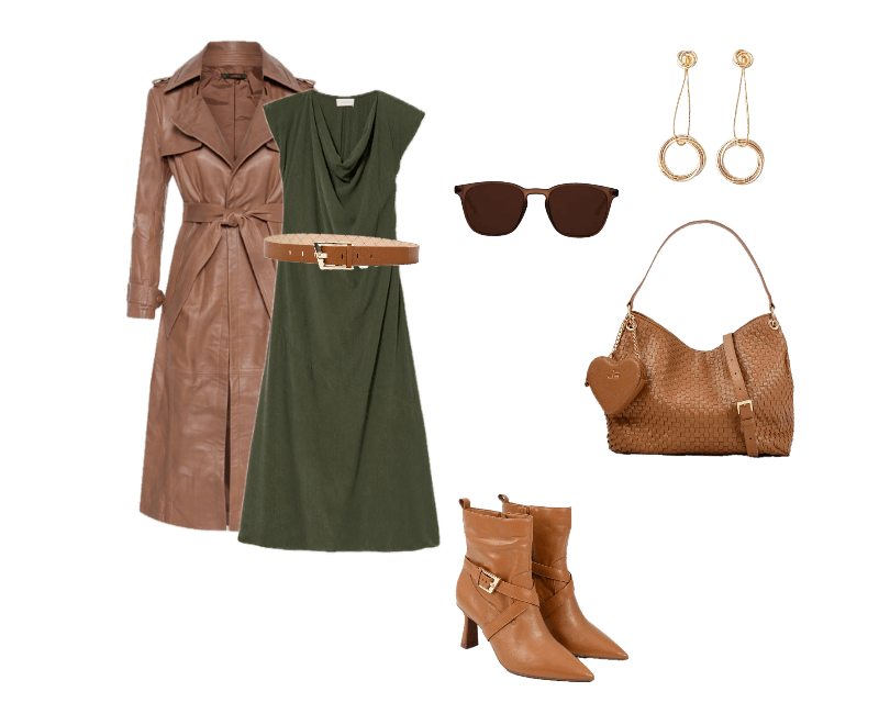 vestido midi verde musgo, cinto caramelo, trench coat longo de couro marrom, botas de couro caramelo com salto médio e fivela, bolsa de ombro estruturada caramelo com textura trançada, óculos de sol marrom escuro, brincos dourados argola