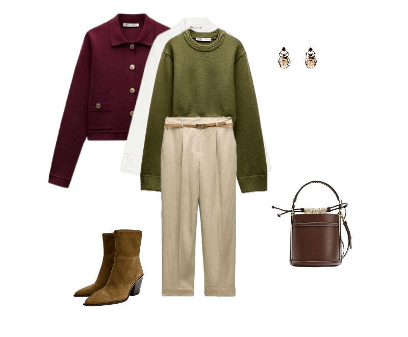 suéter verde oliva de tricô, blazer bordô estruturado, calças bege de alfaiataria, botas de camurça marrom, mini bolsa bucket em couro marrom, brincos dourados