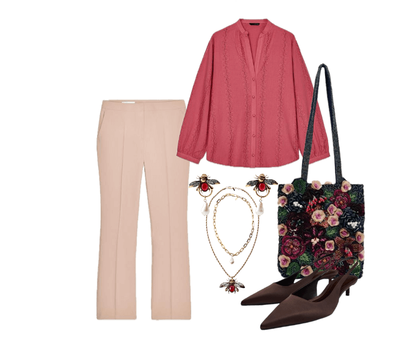 blusa de manga longa rosa envelhecido com renda, calça de alfaiataria bege, scarpin marrom salto médio, bolsa tote floral vibrante, colar dourado, brincos dourados ornamentados