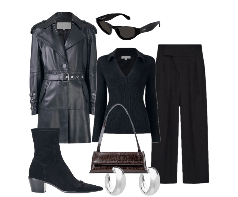 suéter preto gola polo canelada, trench coat preto de couro, calça preta alfaiataria cintura alta, botas pretas camurça cano curto, óculos de sol lentes escuras, bolsa estruturada de couro marrom