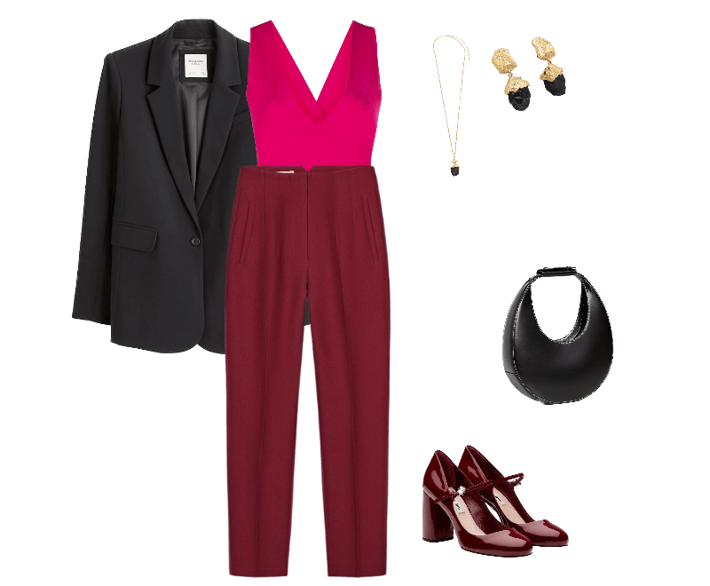 body rosa vibrante, calça de alfaiataria vinho, blazer preto, sapato salto vinho verniz, brincos dourados, colar delicado, bolsa preta estruturada