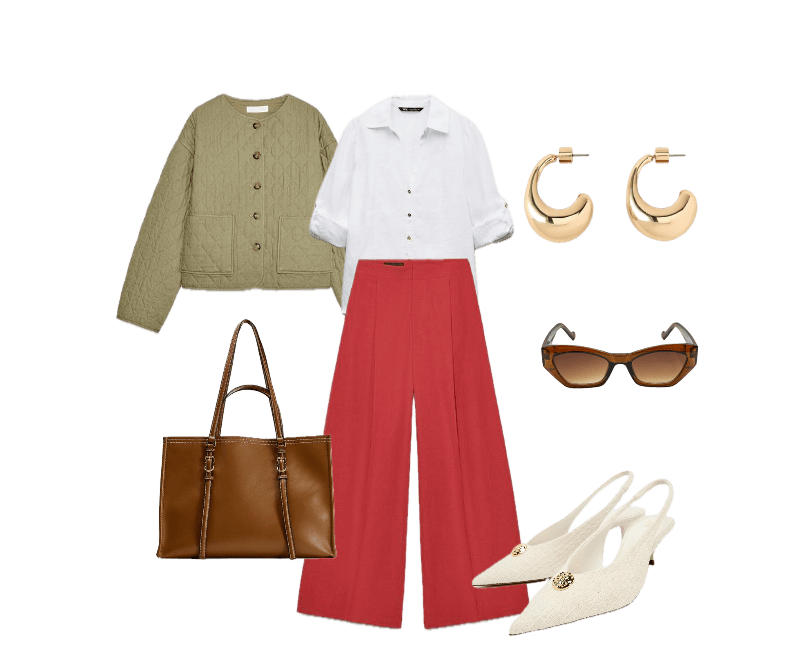 jaqueta acolchoada verde oliva, camisa branca com botões, calça vermelha de alfaiataria, sapatos slingback brancos com textura trançada e detalhe dourado, argolas douradas arrojadas, óculos escuros marrom, bolsa tote marrom em couro