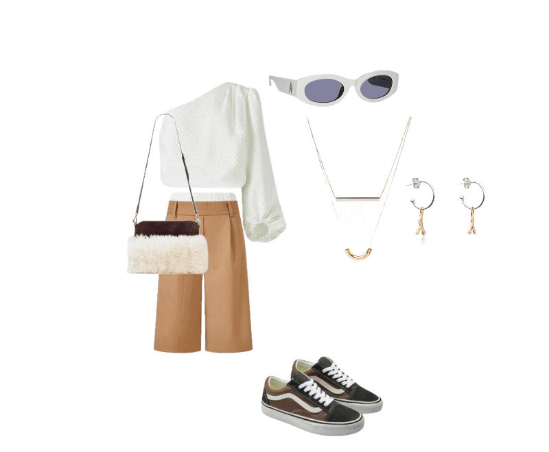 blusa de mangas longas branca texturizada, calça pantacourt camel, tênis em couro bicolor marrom e preto, bolsa de ombro em pelúcia branca com detalhes escuros, óculos de sol futuristas brancos com lentes escuras, brincos de argola dourada com pingentes minimalistas, colar triangular prateado
