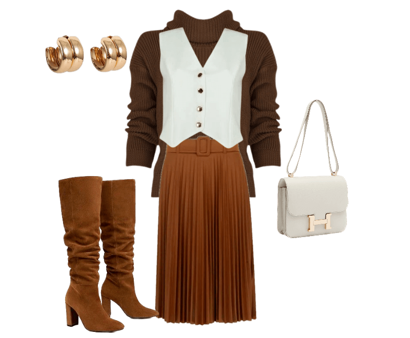blusa marrom de gola alta, colete branco com botões dourados, saia plissada caramelo, botas de cano alto em camurça marrom, bolsa estruturada couro bege, brincos dourados