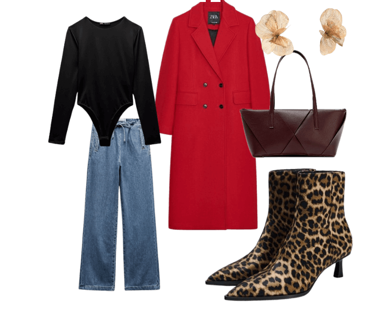 body preto de mangas longas, calça jeans de cintura alta, casaco vermelho vibrante, ankle boots com estampa de leopardo, bolsa de couro estruturada marrom