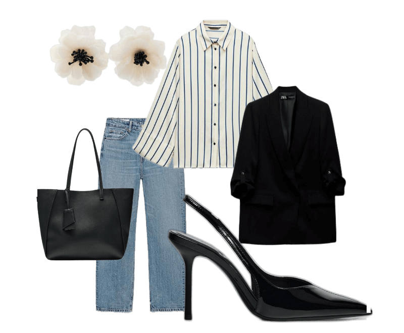 Camisa oversized de listras azuis e brancas, blazer preto clássico Zara, jeans cintura média lavagem clara, sandálias slingback pretas de verniz, brincos florais grandes brancos, bolsa de couro preta minimalista