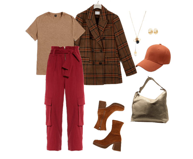 t-shirt bege básica, blazer xadrez em tons terrosos, calça cargo vermelha de cintura alta, botas em camurça marrom com salto grosso, colar dourado delicado, brincos elegantes, bolsa de ombro cinza, boné alaranjado