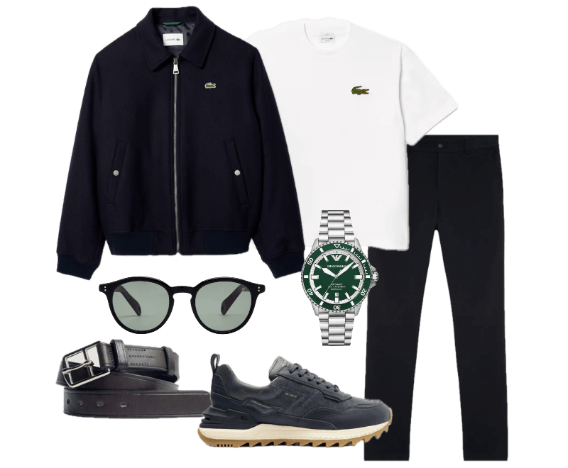jaqueta bomber preta com zíper e emblema de crocodilo, camiseta branca básica com logo bordado, calça slim fit preta, tênis esportivos cinza-escuros, óculos de sol com armação escura, cinto de couro preto, relógio de pulso prateado com mostrador verde