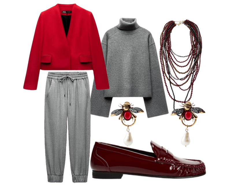 blazer vermelho Zara, suéter cinza de gola alta, calça de alfaiataria cinza com cintura elástica, mocassim de couro vinho, brincos dourados com pérolas, colar multicolorido em camadas
