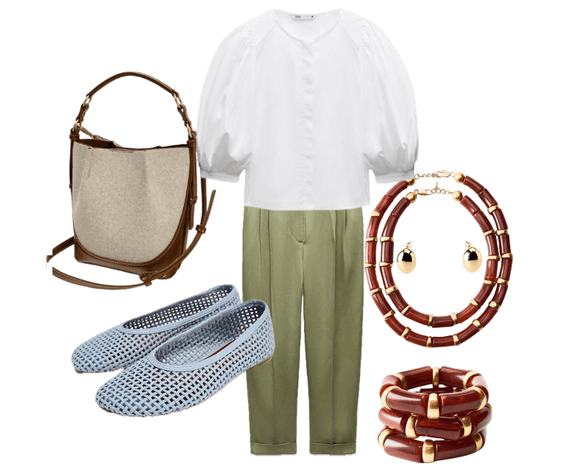 Blusa branca de mangas bufantes, calça de alfaiataria verde, sapatilhas azuis vazadas, bolsa bege com couro marrom, pulseiras de madeira vermelha, colar de madeira vermelha, brincos dourados