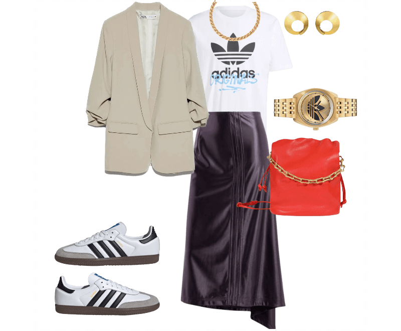 T-shirt branca Adidas, blazer oversized bege Zara, saia midi em couro sintético preto, tênis brancos Adidas, bolsa vermelha com alça de corrente dourada, brincos dourados, relógio dourado
