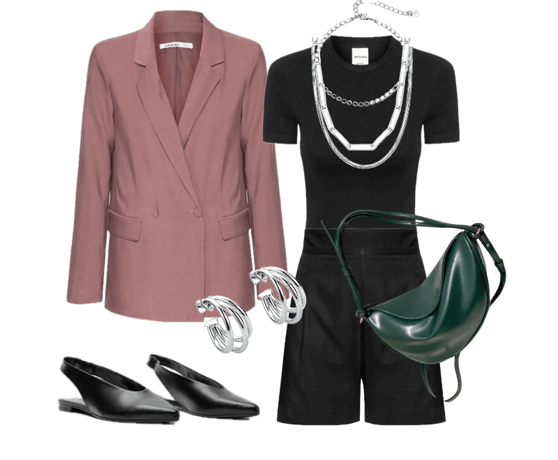 blusa preta, calça preta, blazer marrom rosado, acessórios metalizados, mule preta