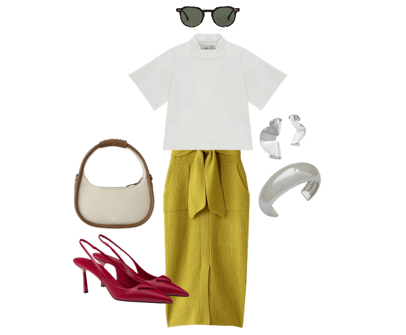 camiseta cropped branca, calça midi amarela texturizada, scarpins slingback vermelhos, bolsa de mão estrutural bege, óculos de sol com lentes escuras, maxibrincos prateados, tiara metalizada