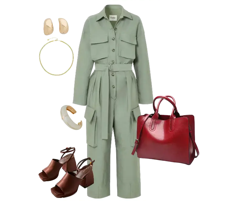 macacão verde-oliva, sandálias de salto marrom em couro, brincos dourados minimalistas, pulseira dourada, bolsa estruturada em couro vermelho