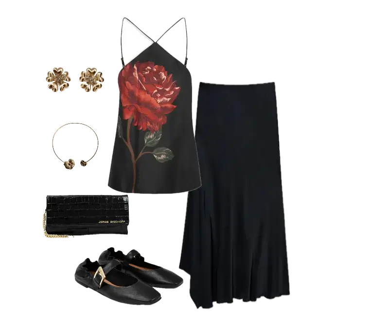 blusa de alcinha preta com estampa floral de peônia vermelha, saia longa preta, sapatilhas pretas em couro, bracelete dourado minimalista, brincos florais dourados, clutch preta texturizada
