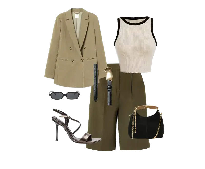 colete cropped branco, bermuda verde oliva, blazer bege oversized, sandálias de tiras finas em couro preto, bolsa de ombro preta com corrente dourada, óculos de sol preto retrô