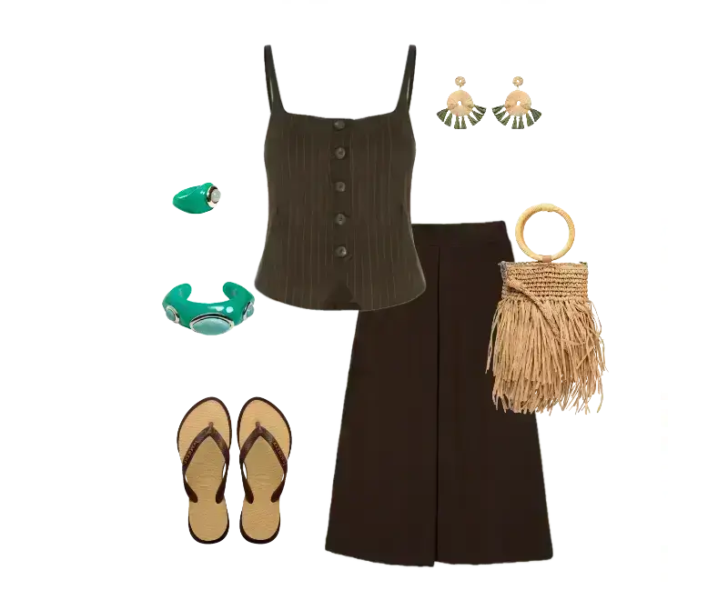 top cropped verde-musgo com botões frontais, calça pantalona marrom, sandálias rasteiras de palha e couro, brincos pendentes verdes, pulseiras verdes vibrantes, bolsa de mão em palha trançada com franjas