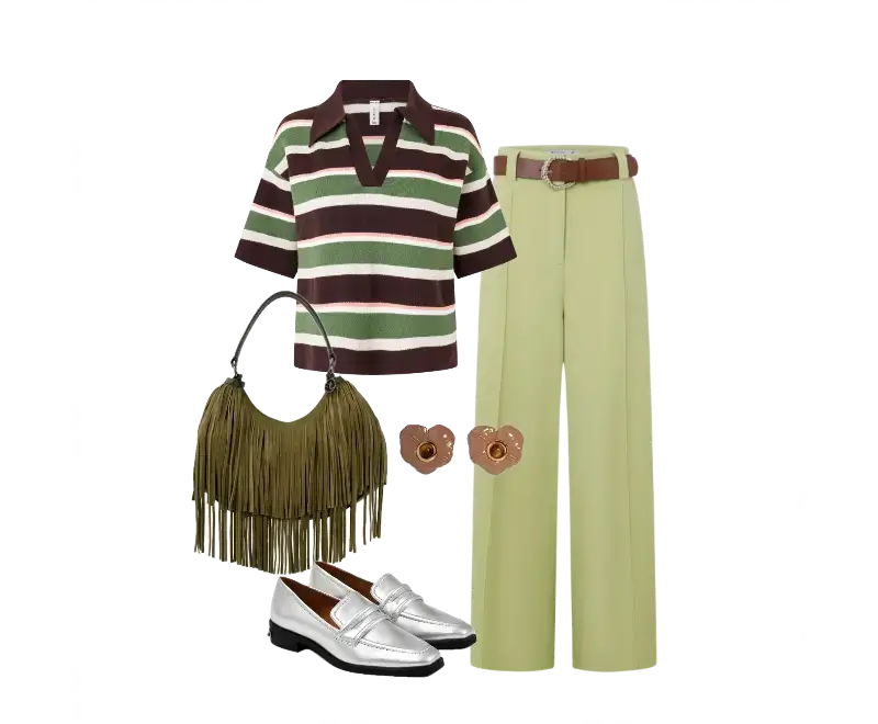 blusa polo listrada, calça pantalona verde clara, sapatos loafer prateados, cinto marrom de fivela, bolsa de franjas oliva, brincos de resina floral