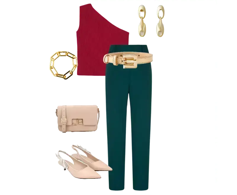 top assimétrico vermelho, calça reta verde-escuro, cinto bege com fivela dourada, sapatos slingback nude, brincos pendentes dourados, pulseira geométrica dourada, bolsa estruturada bege
