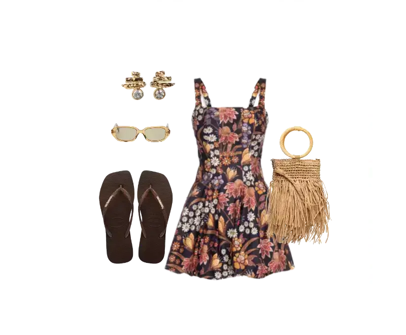 vestido estampado floral, sandálias de dedo marrons, brincos dourados, óculos de sol com armação clara, bolsa de palha com franjas