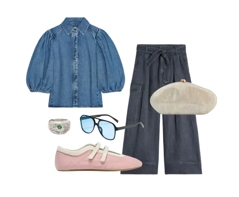 Blusa estilo camisa em jeans lavado, calça culotte de linho cinza, cinto ajustável, tênis em couro rosa pastel, bolsa clutch oval perolada, óculos de sol de lentes azuis, pulseira prata com detalhes verdes