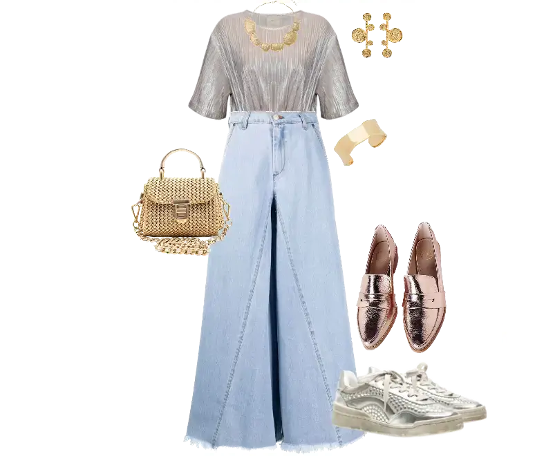 blusa metálica prateada plissada, calça jeans wide leg lavado claro, mocassins metálicos rosé, tênis prateados, bolsa estruturada de palha nude, acessórios minimalistas dourados