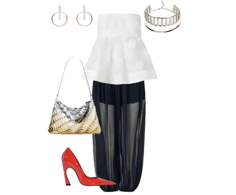 blusa peplum branca em renda delicada, saia longa preta transparente com forro, sapatos de salto alto vermelho em verniz, bolsa texturizada dourada e prata escamado, brincos de argola prateados, pulseira cravejada de pedras